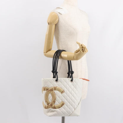 Chanel Cambon Tote Quilted Leather, WHITE, LEATHER, Tote bag