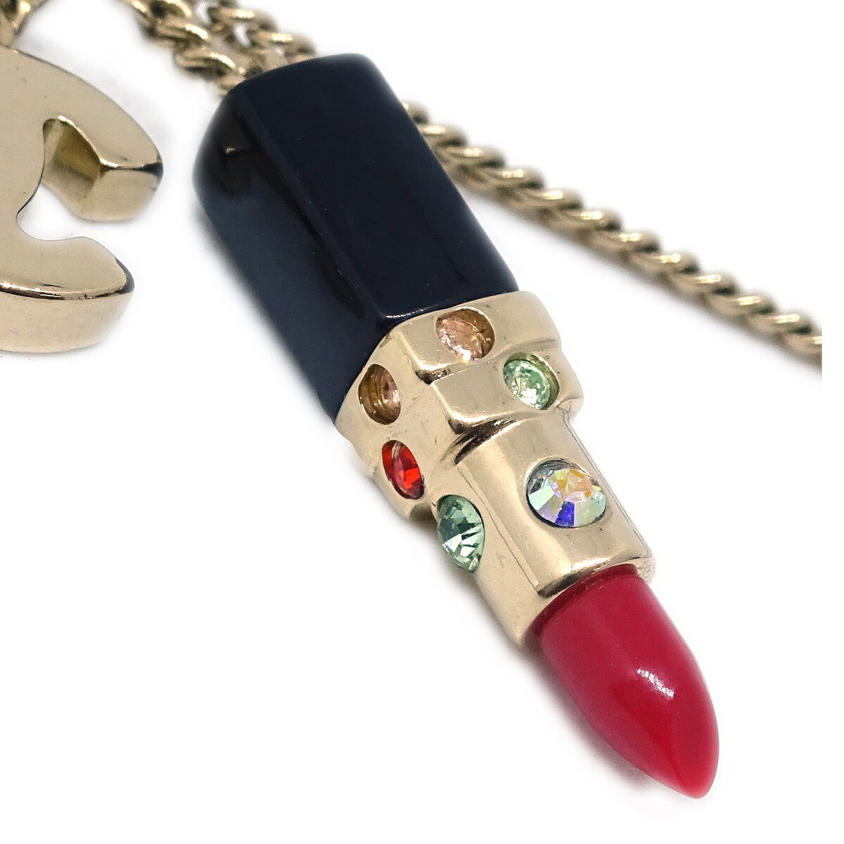 Chanel CC Lipstick Charm Pendant Necklace Metal with Resin and Crystals, GOLD, METAL, Necklace