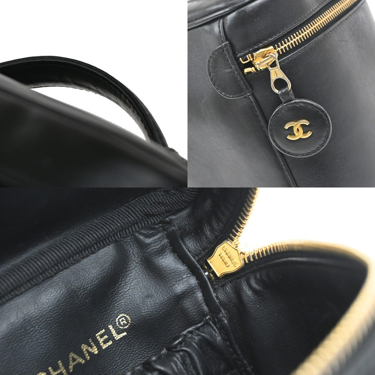 Chanel Vintage Cosmetic Case Leather, BLACK, LEATHER, Handbag