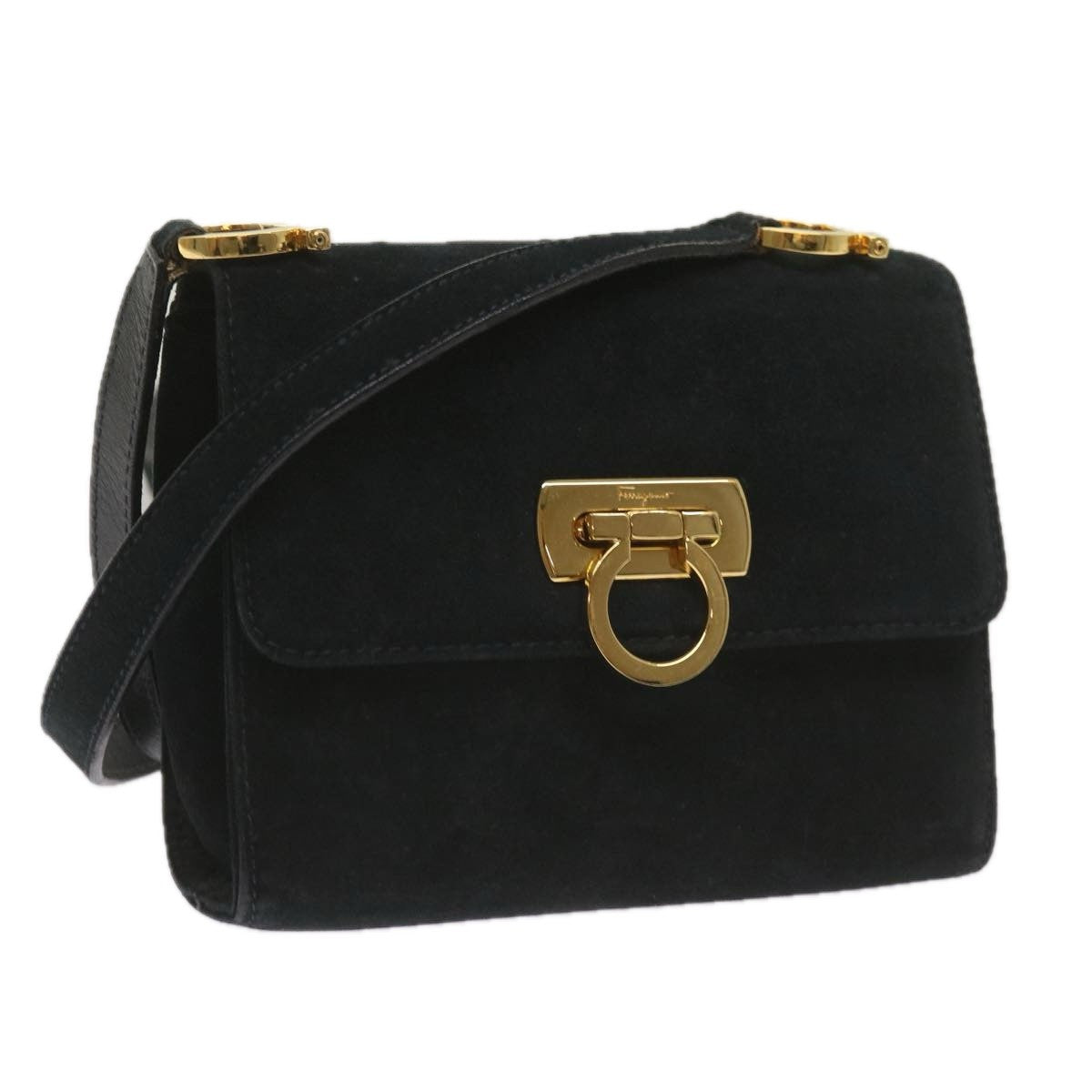 Salvatore Ferragamo Gancini Shoulder Bag Suede, BLACK, SUEDE, Shoulder bag