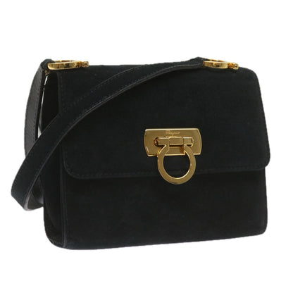 Salvatore Ferragamo Gancini Shoulder Bag Suede, BLACK, SUEDE, Shoulder bag