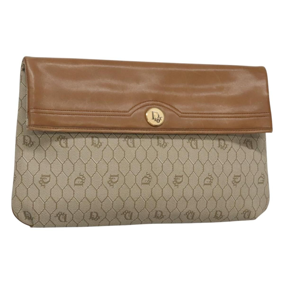 Christian Dior Vintage Honeycomb Zip Pouch Canvas and Leather, BEIGE, CANVAS, Clutche & pouche