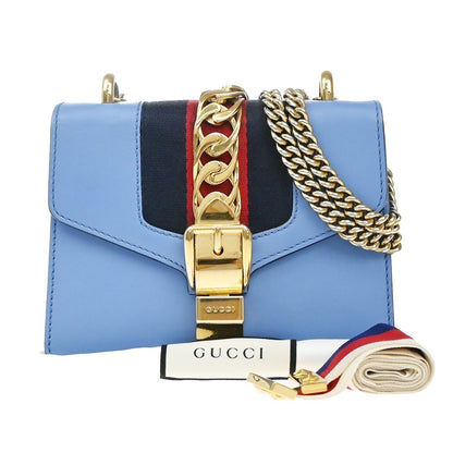 Gucci Sylvie Chain Shoulder Bag Leather, BLUE, LEATHER, Shoulder bag