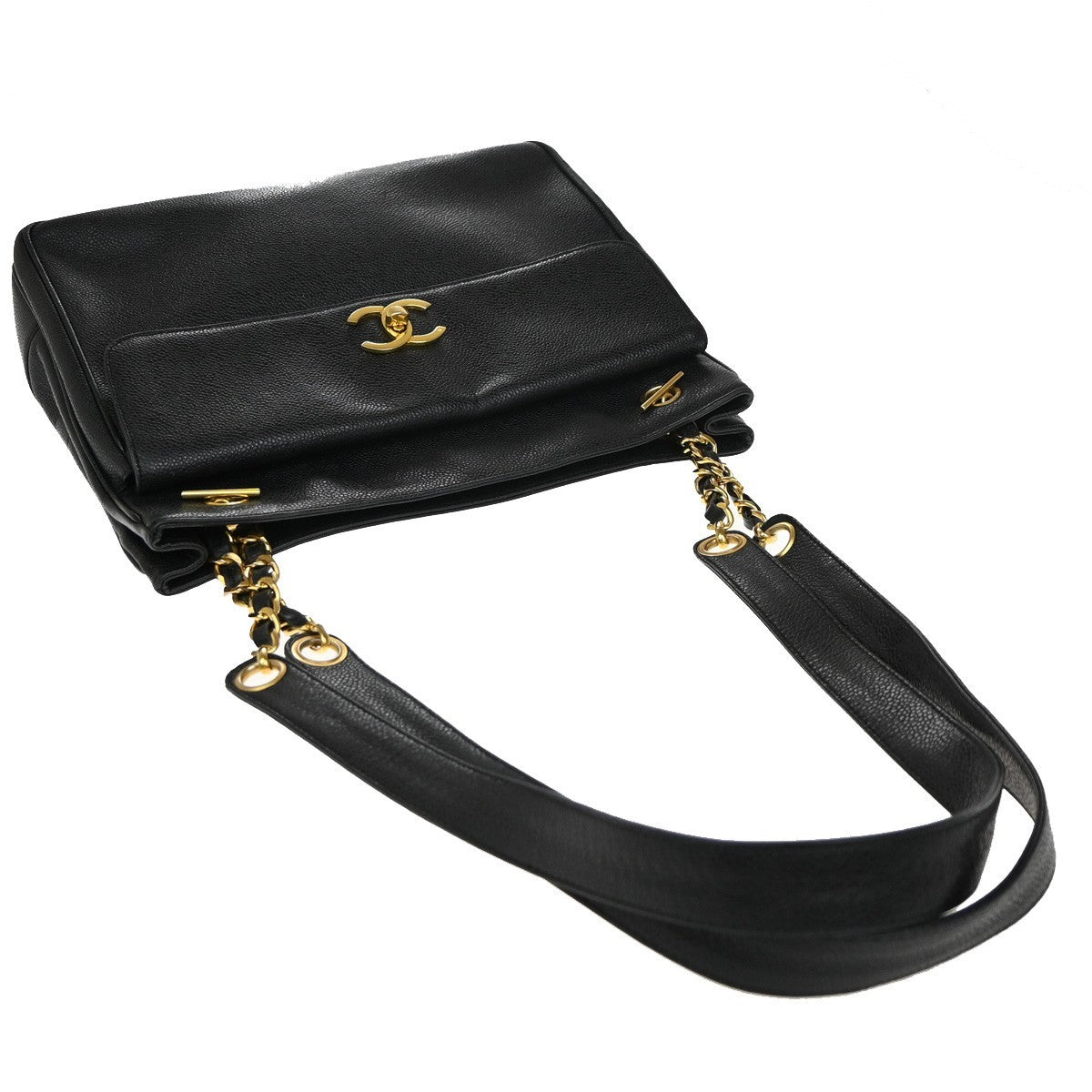 Chanel Vintage Front Pocket Shoulder Bag Leather, BLACK, CALFSKIN, Shoulder bag