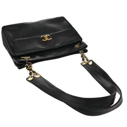 Chanel Vintage Front Pocket Shoulder Bag Leather, BLACK, CALFSKIN, Shoulder bag