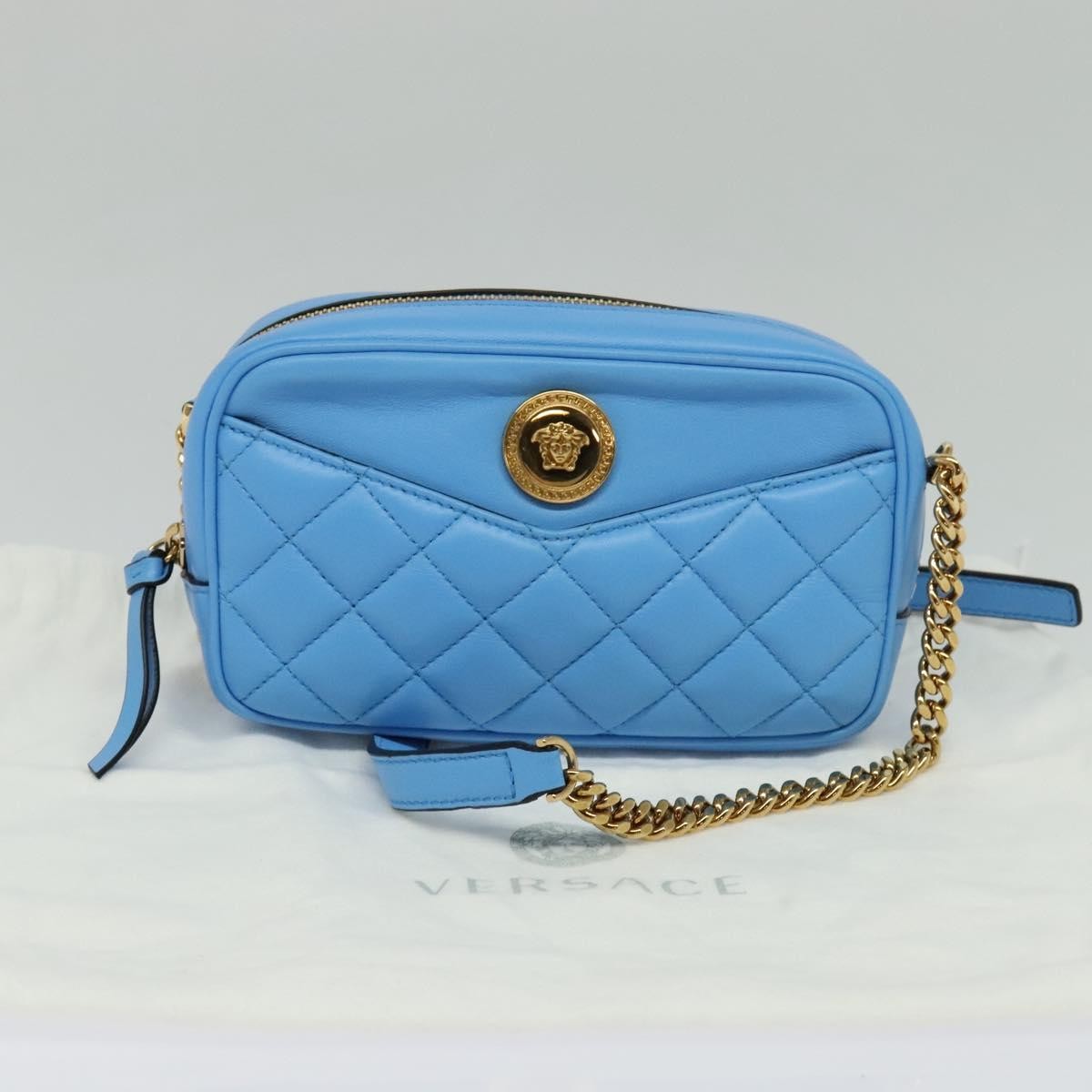 Versace Medusa Icon Front Slip Pocket Camera Bag Quilted Leather, BLUE, LEATHER, Crossbody bag