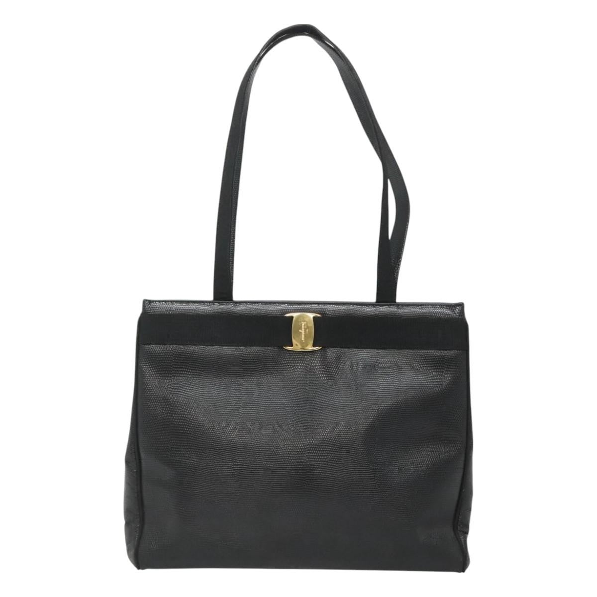 Salvatore Ferragamo Vintage Vara Bow Tote Lizard Embossed Leather, BLACK, LEATHER, Tote bag
