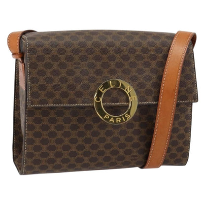 Celine Vintage Macadam Circle Logo Shoulder Bag Canvas and Leather, BROWN, CANVAS, Shoulder bag