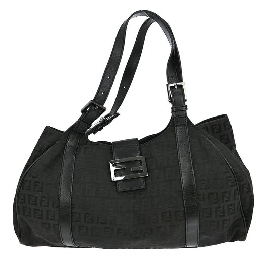Fendi Belted Shoulder Bag Zucchino Canvas, BLACK, CANVAS, Handbag