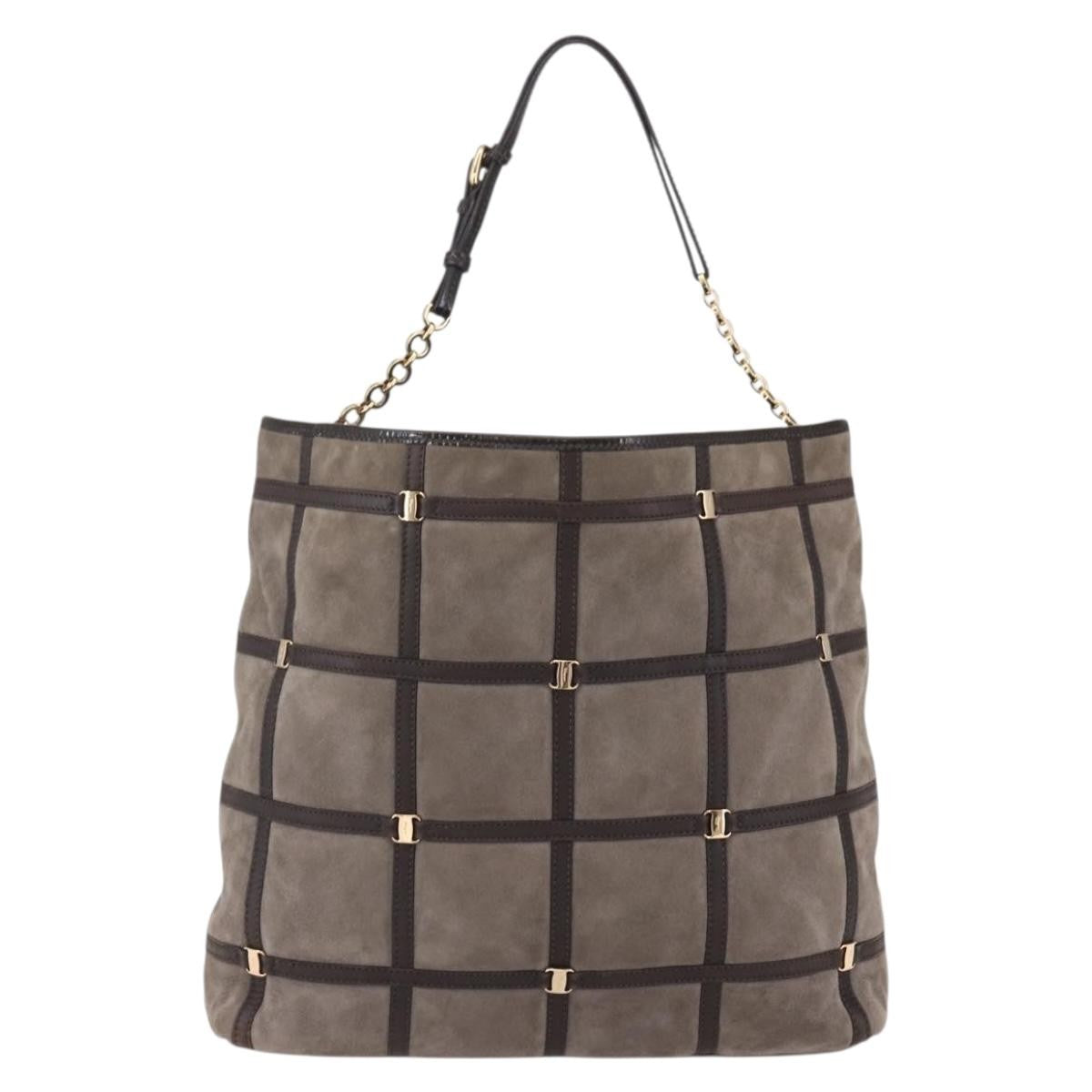 Salvatore Ferragamo Vala Shoulder Bag Suede, BROWN, SUEDE, Shoulder bag