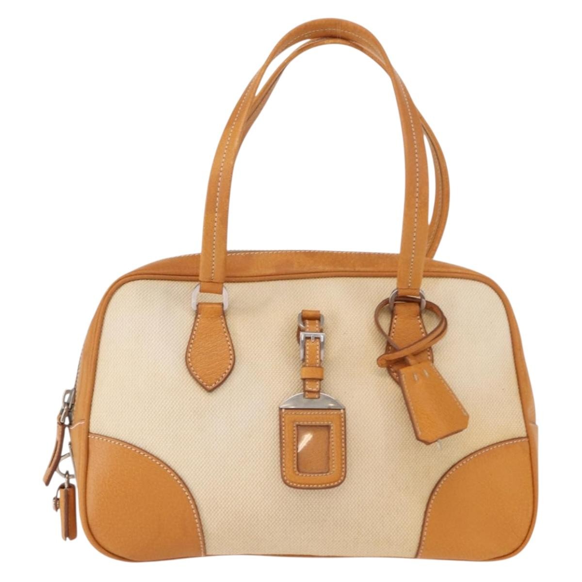 Prada Bowler Bag Canvas with Leather, BEIGE, CANVAS, Handbag