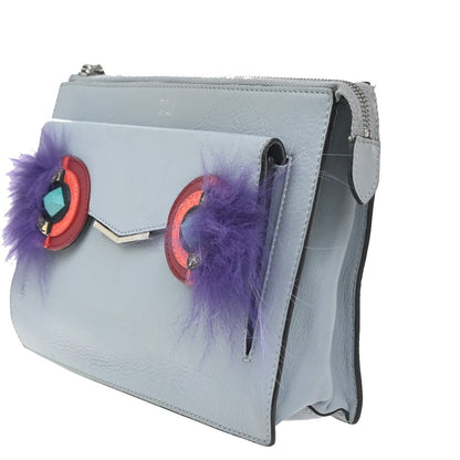 Fendi Monster Front Pocket Clutch Leather with Fur, GRAY, LEATHER, Clutche & pouche