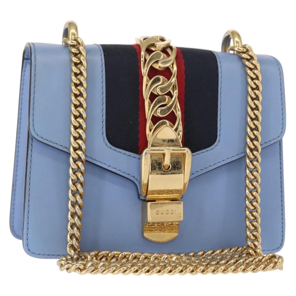 Gucci Sylvie Chain Shoulder Bag Leather, BLUE, LEATHER, Shoulder bag
