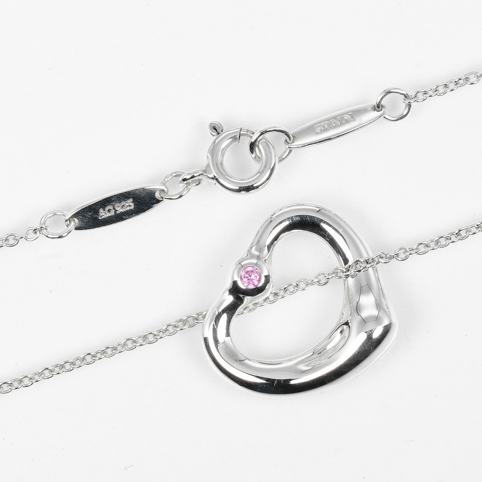 Tiffany & Co. Elsa Peretti Open Heart Pendant Necklace Sterling Silver with Pink Sapphire, SILVER, SILVER, Necklace