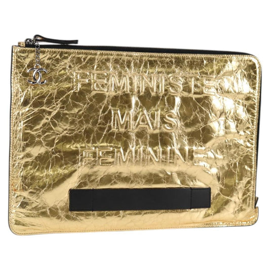 Chanel Feminine Pouch Crinkled Leather, GOLD, LEATHER, Clutche & pouche