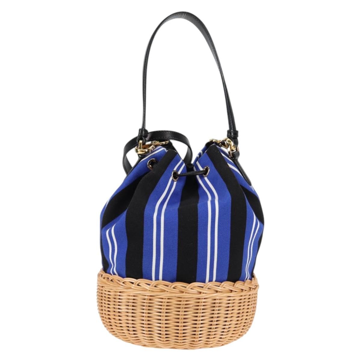 Prada Drawstring Bucket Bag Canvas and Wicker, BLUE, CANVAS, Handbag