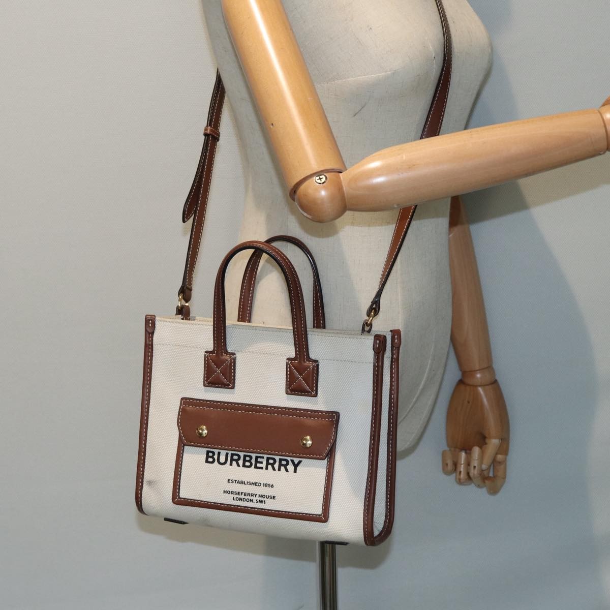 Burberry Freya Shopping Tote Canvas with Leather, BEIGE, CANVAS, Tote bag