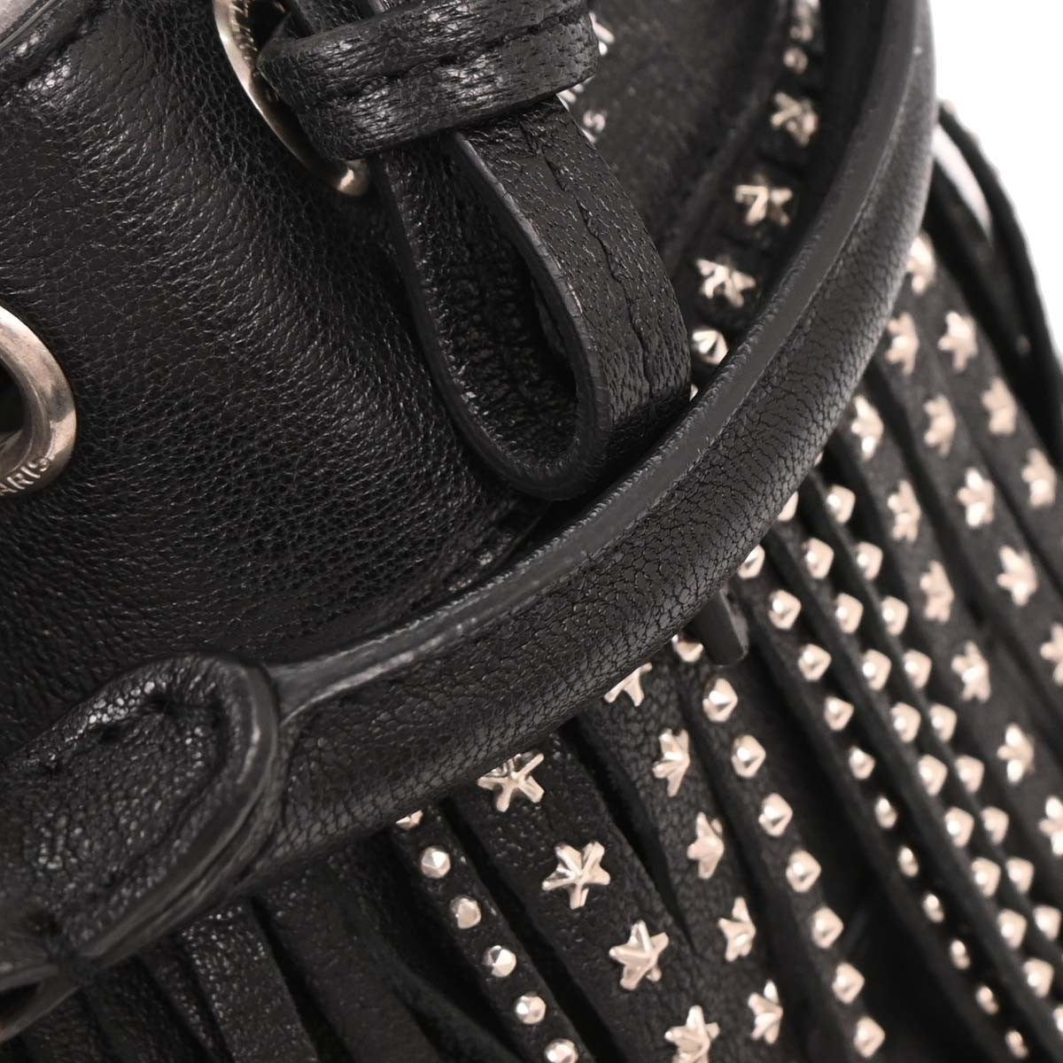 Saint Laurent Fringe Emmanuelle Bucket Bag Studded Leather, BLACK, LEATHER, Shoulder bag