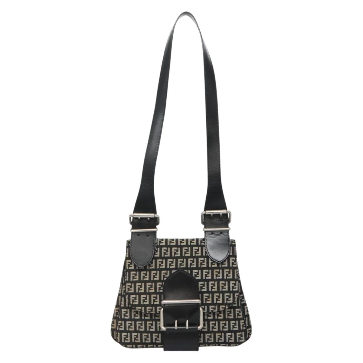 Fendi Buckle Flap Shoulder Bag Zucchino canvas, BLACK, CANVAS, Shoulder bag