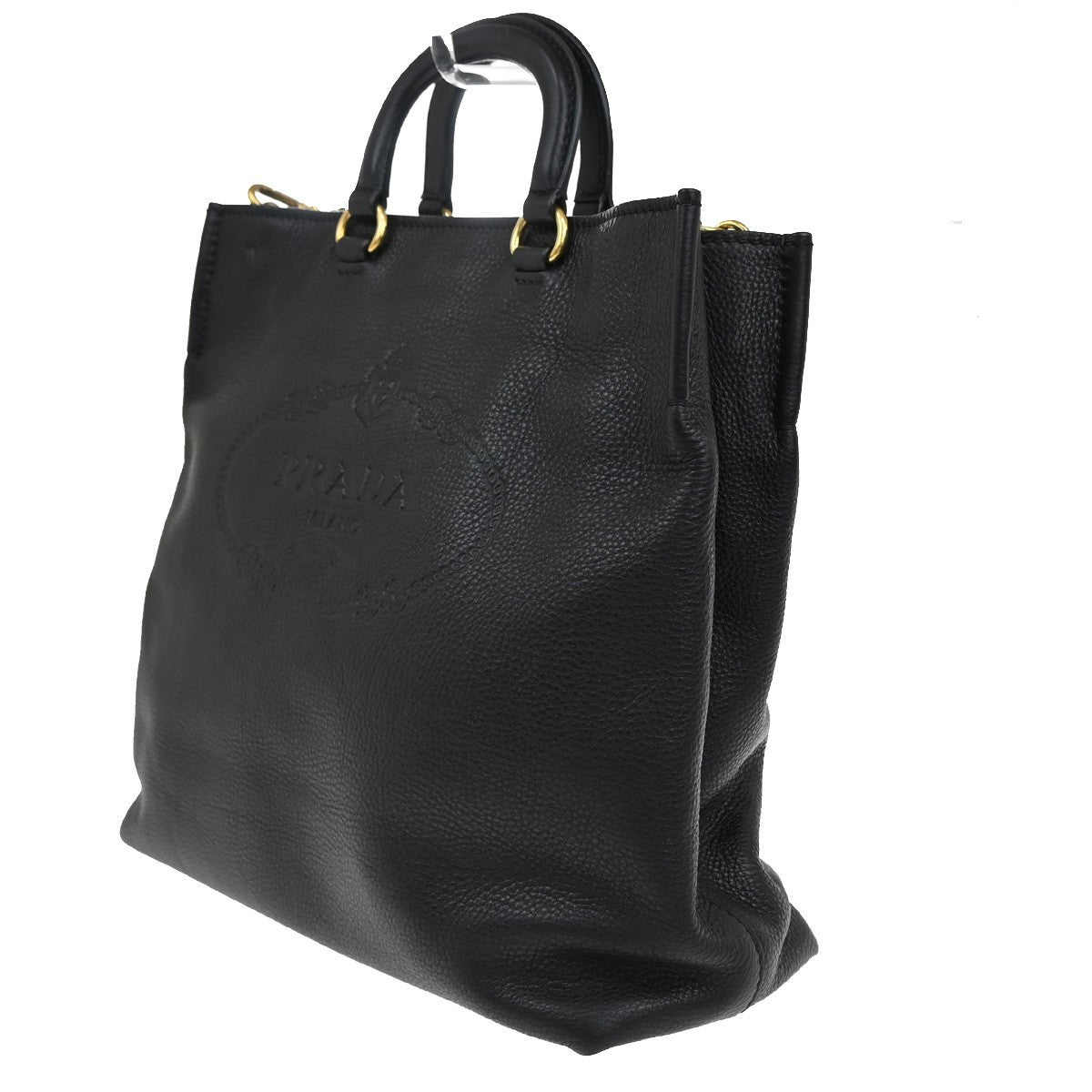 Prada Embossed Logo Convertible Open Tote Vitello Daino, BLACK, LEATHER, Tote bag
