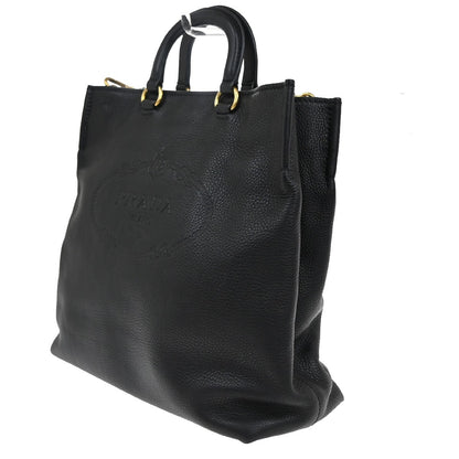 Prada Embossed Logo Convertible Open Tote Vitello Daino, BLACK, LEATHER, Tote bag