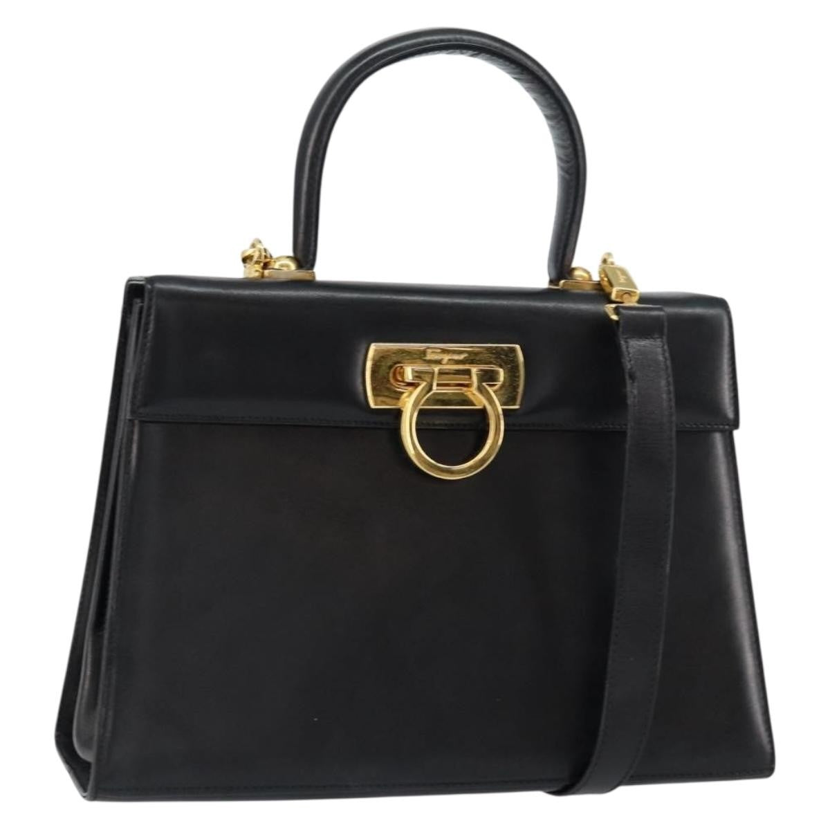 Salvatore Ferragamo Gancini Convertible Top Handle Bag Leather, BLACK, LEATHER, Handbag