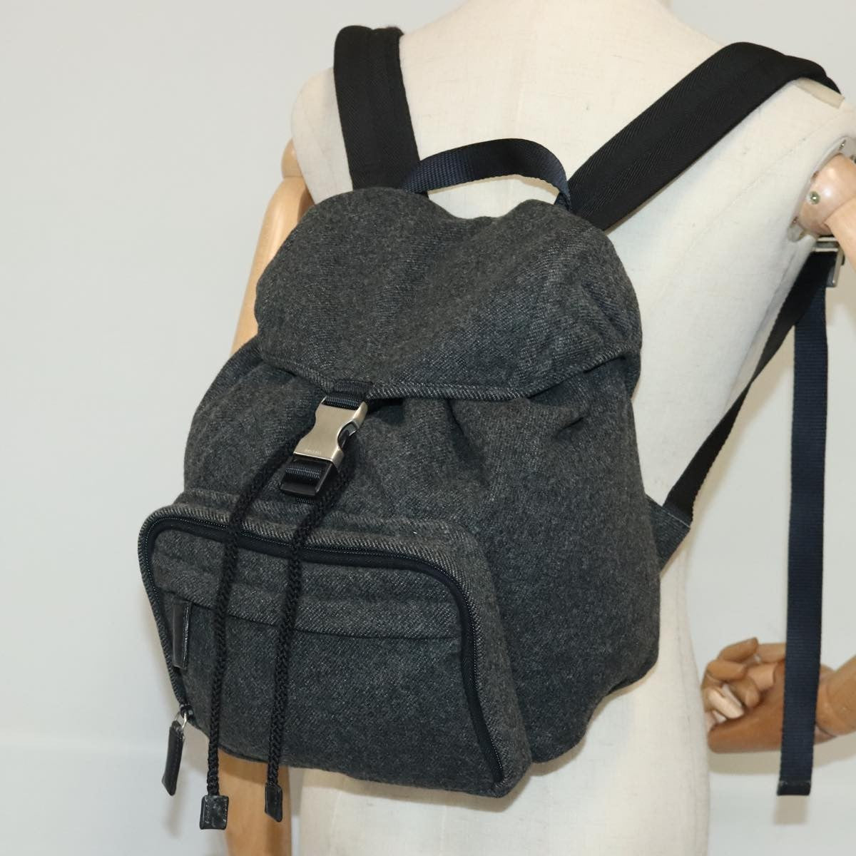 Prada Single Buckle Pocket Backpack Wool, GRAY, WOOL, Backpack