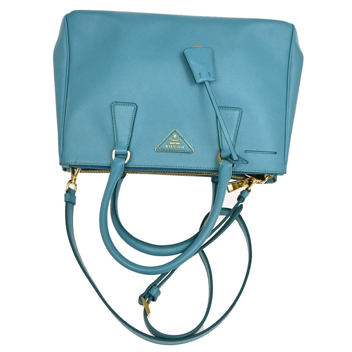 Prada Double Zip Lux Tote Saffiano Leather, BLUE, LEATHER, Tote bag