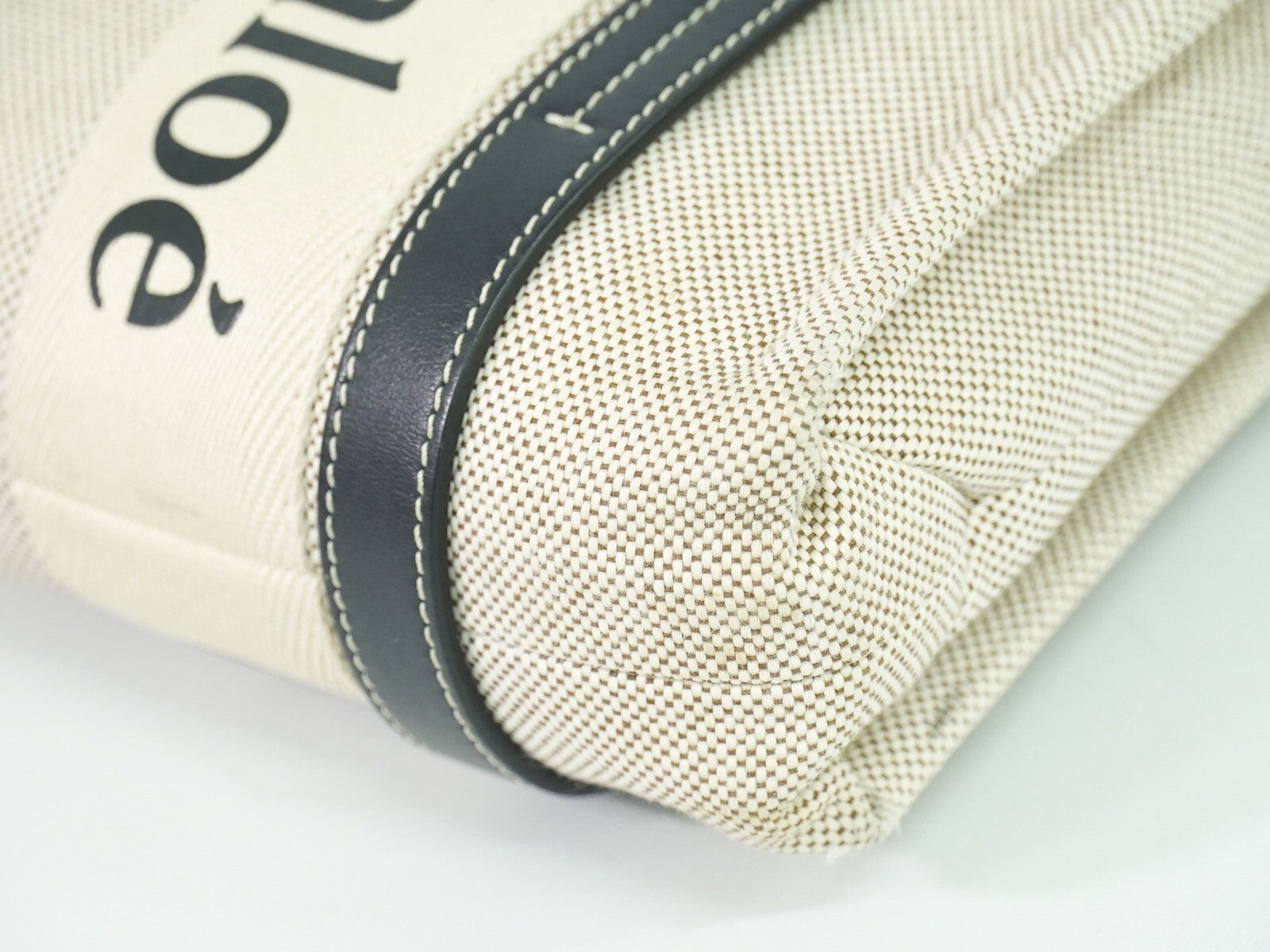 Chloe Woody Tote Canvas with Leather, WHITE, CANVAS, Tote bag