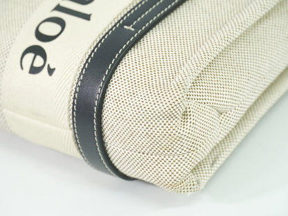Chloe Woody Tote Canvas with Leather, WHITE, CANVAS, Tote bag
