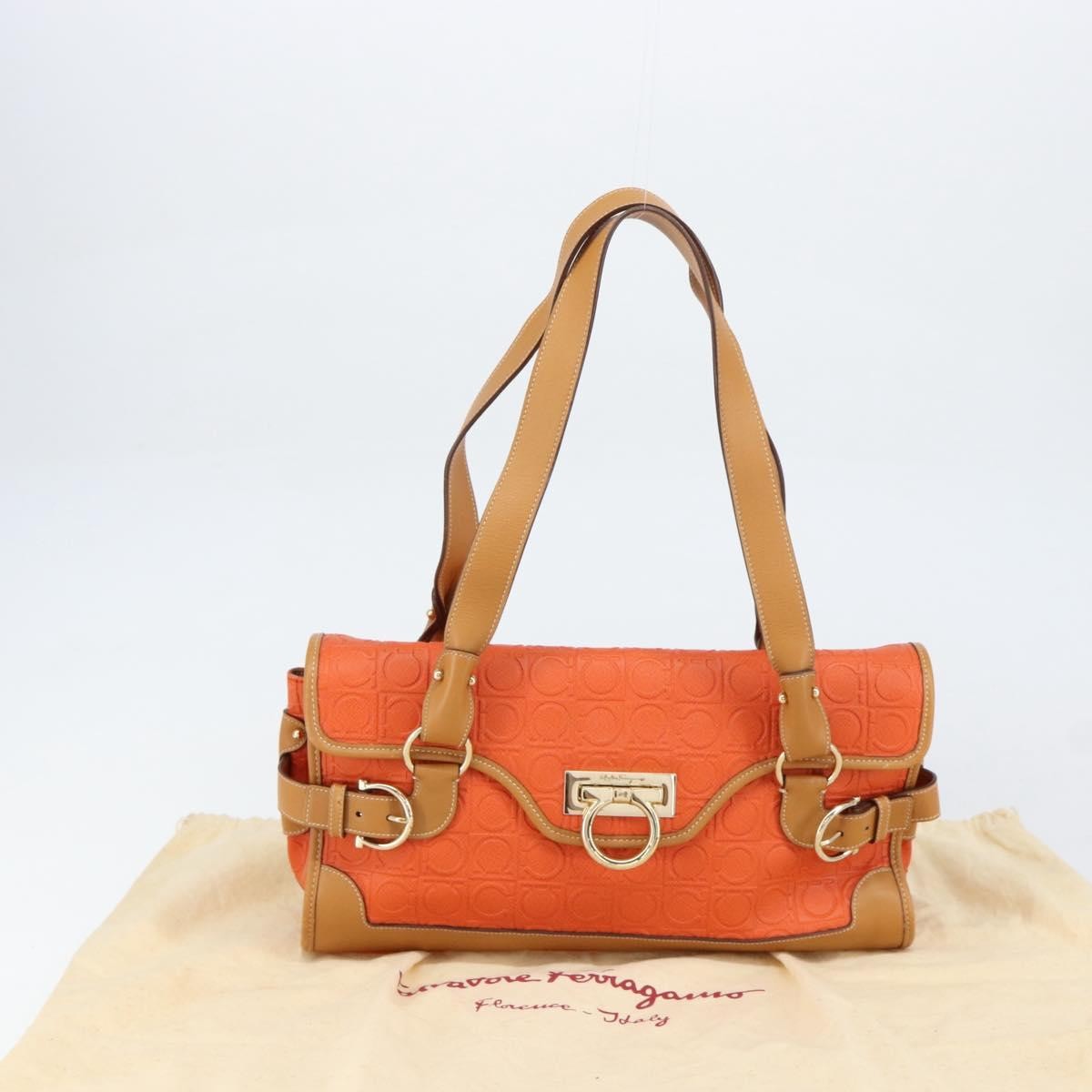 Salvatore Ferragamo Gancini Shoulder Bag Canvas, ORANGE, PVC, Shoulder bag