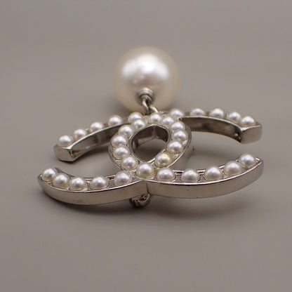 Chanel CC Drop Brooch Metal and Faux Pearls, SILVER, SILVER_PLATED, Brooch