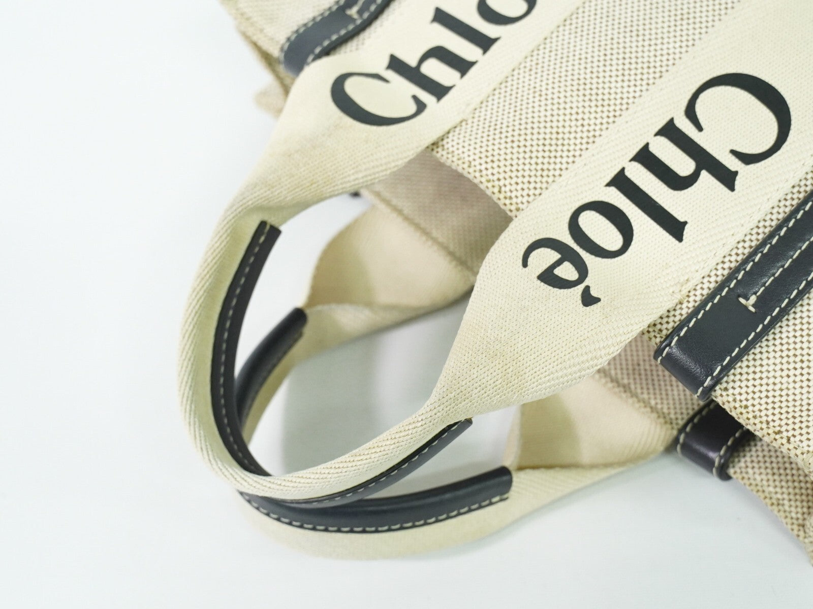 Chloe Woody Tote Canvas with Leather, WHITE, CANVAS, Tote bag