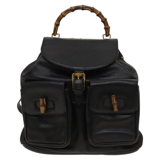 Gucci Vintage Bamboo Backpack Leather, Black, Leather, Backpack