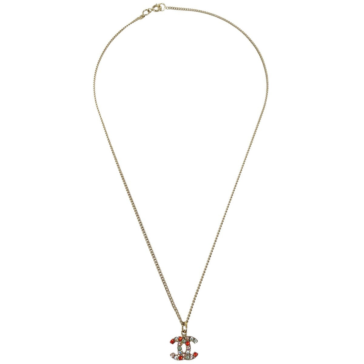 Chanel CC Pendant Necklace Multicolor Crystal Embellished Metal, GOLD, GOLD_PLATED, Necklace