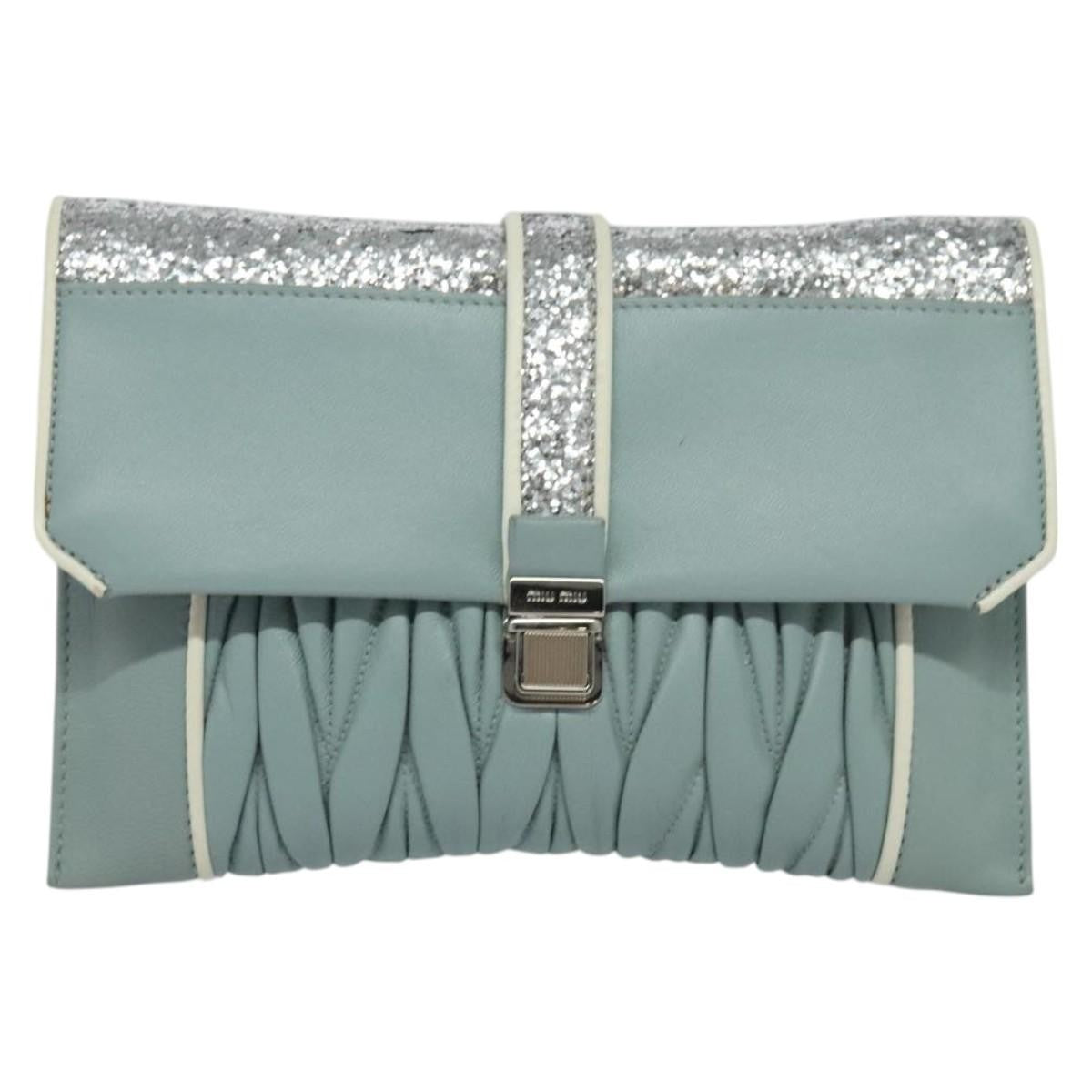 Miu Miu Madras Chain Clutch Matelasse Leather with Glitter, BLUE, LEATHER, Shoulder bag
