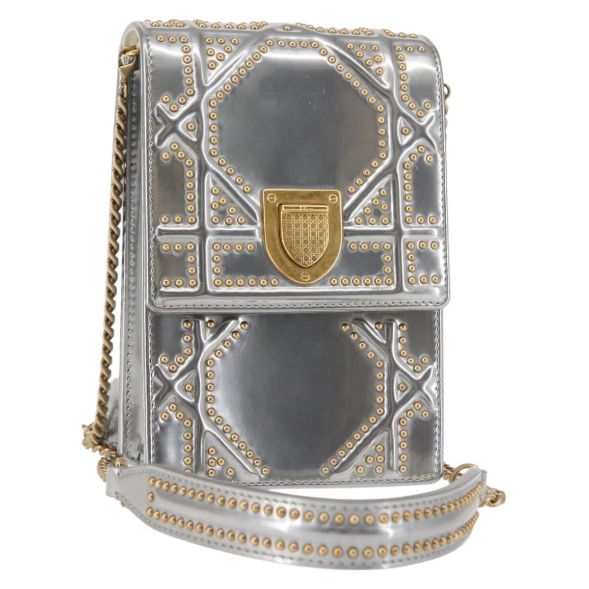 Christian Dior Ultra Matte Diorama Vertical Clutch on Chain Studded Leather, SILVER, PATENT_LEATHER, Clutche & pouche