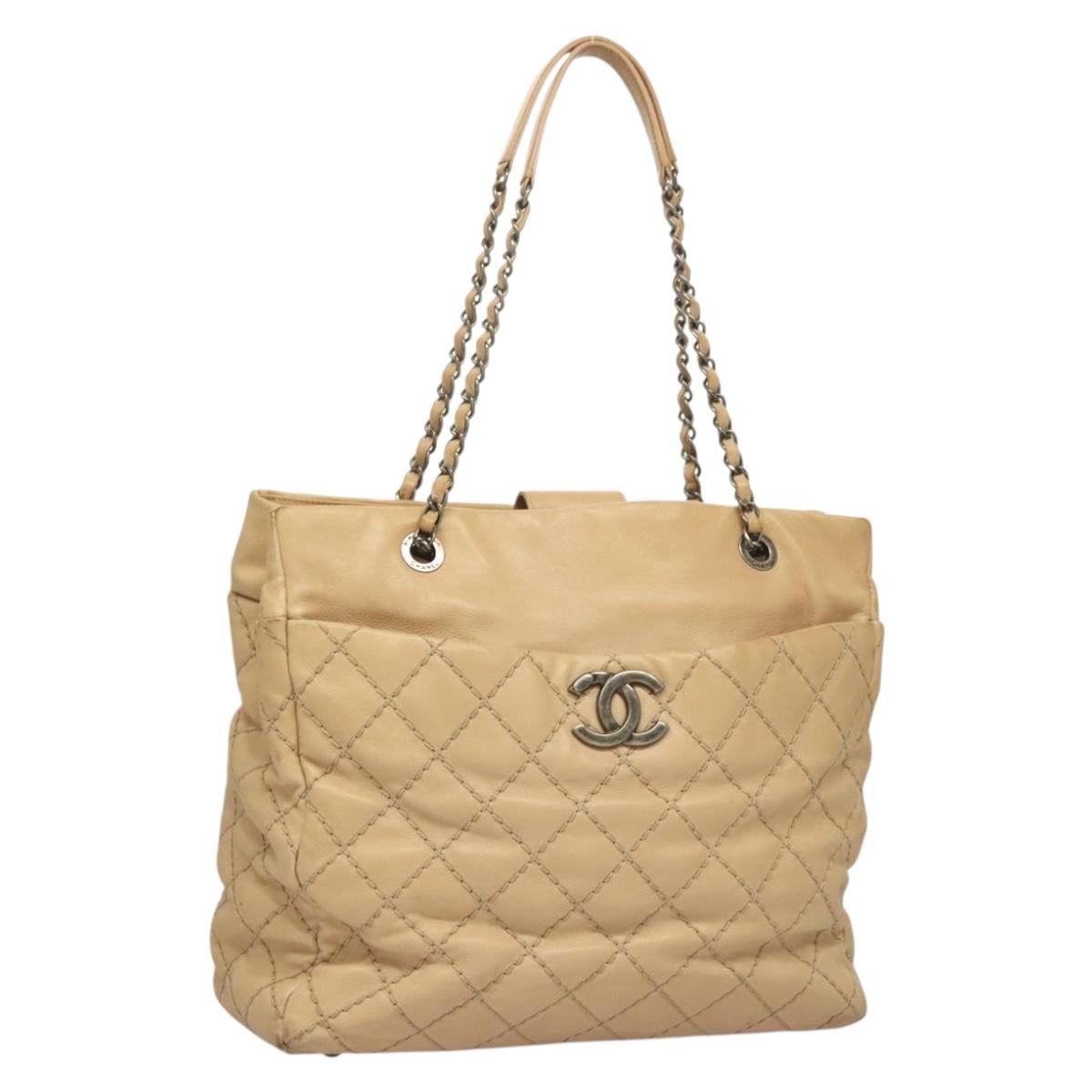 Chanel Petite Shopping Tote Quilted Calfskin, BEIGE, LEATHER, Tote bag
