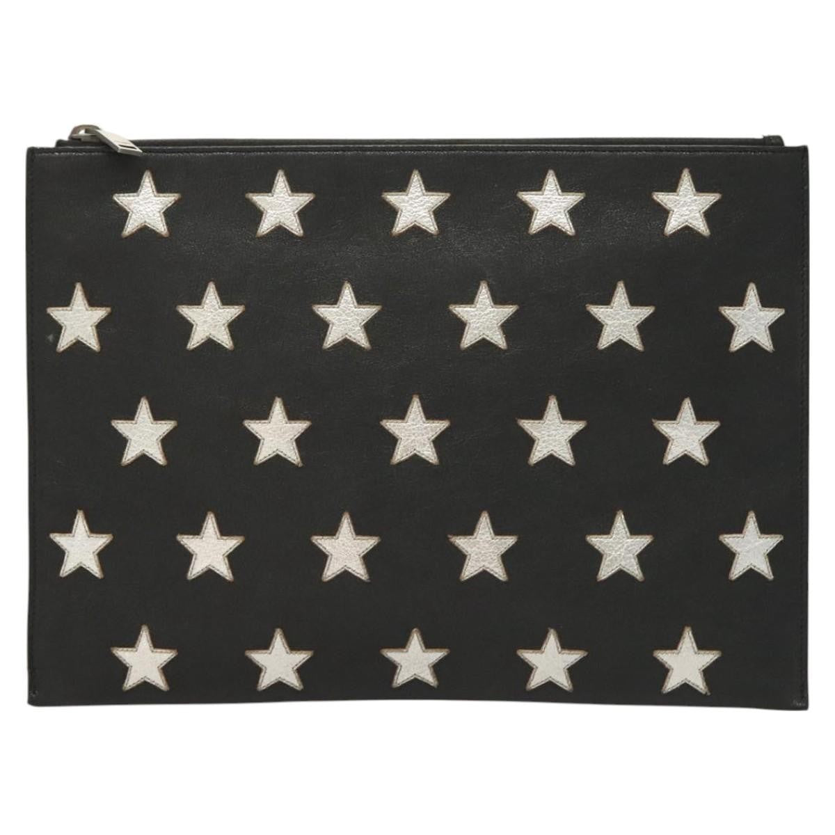 Saint Laurent Stars Zip Pouch Leather, BLACK, LEATHER, Clutche & pouche