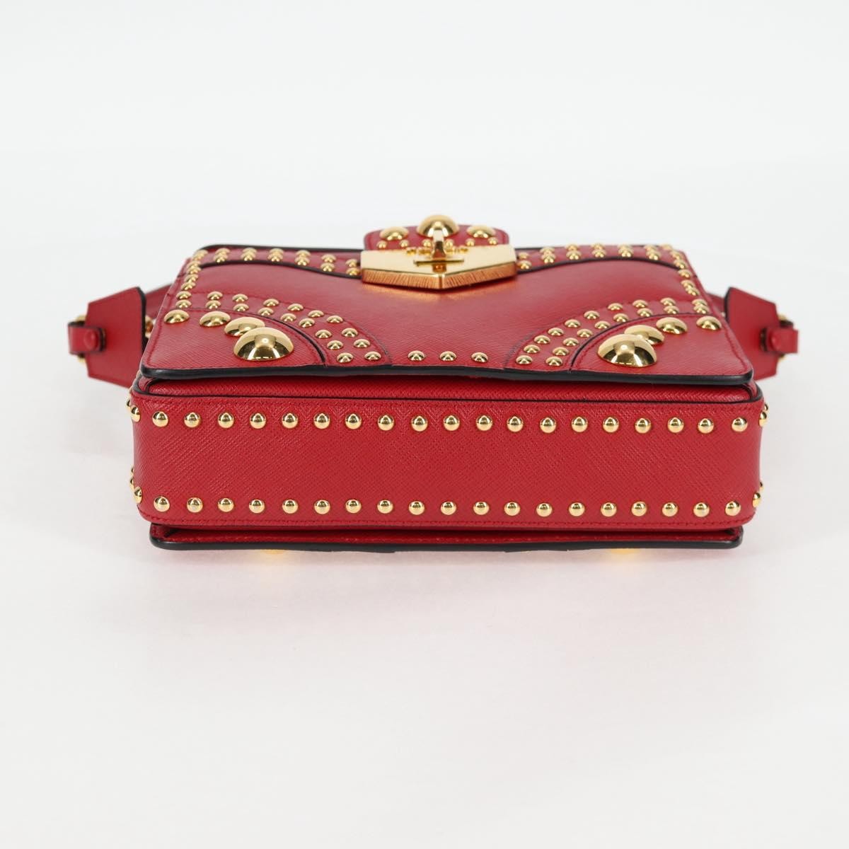 Prada Turn Lock Shoulder Bag Studded Saffiano Leather, RED, LEATHER, Shoulder bag