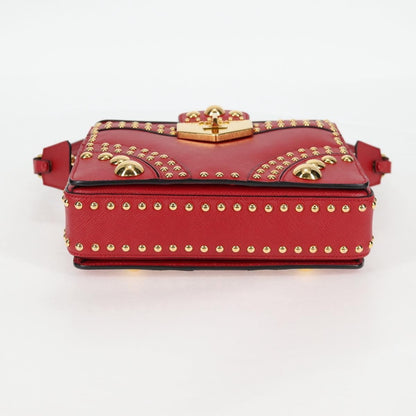 Prada Turn Lock Shoulder Bag Studded Saffiano Leather, RED, LEATHER, Shoulder bag