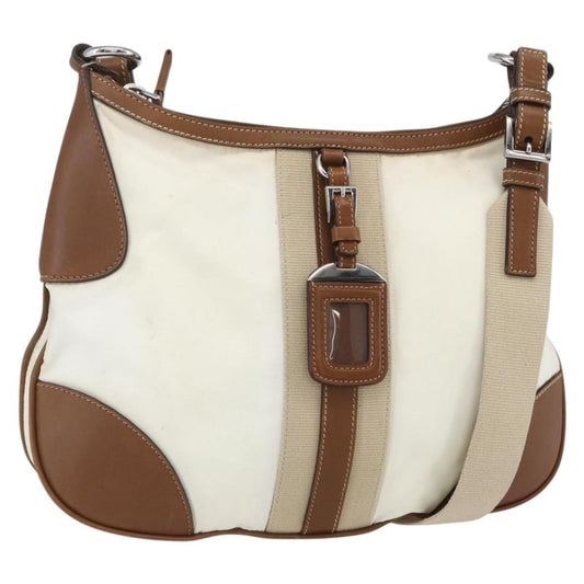 Prada Vintage Shoulder Bag Nylon and Leather, BEIGE, NYLON, Shoulder bag