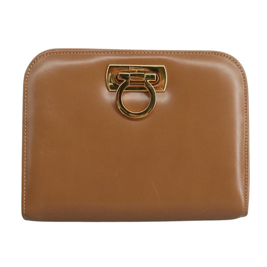 Salvatore Ferragamo Gancini Pouch Leather, BROWN, LEATHER, Clutche & pouche