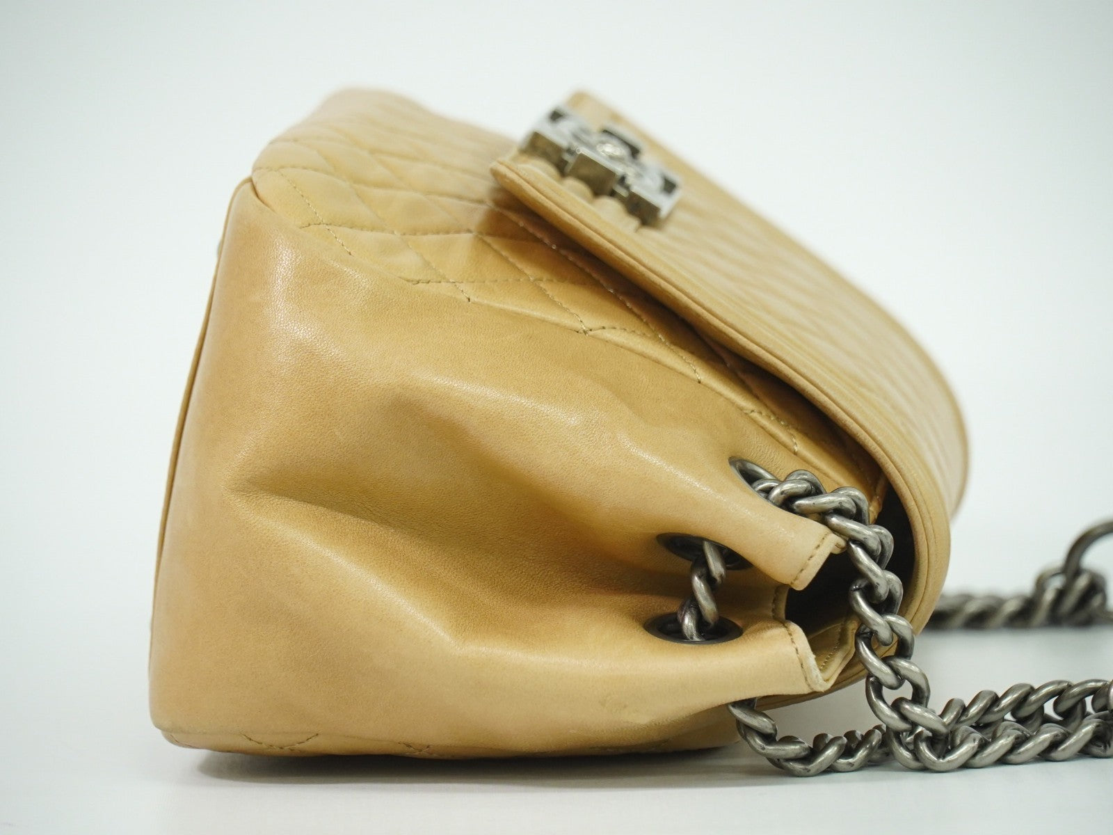 Chanel Boy Accordion Flap Bag Quilted Lambskin, BEIGE, LEATHER, Shoulder bag