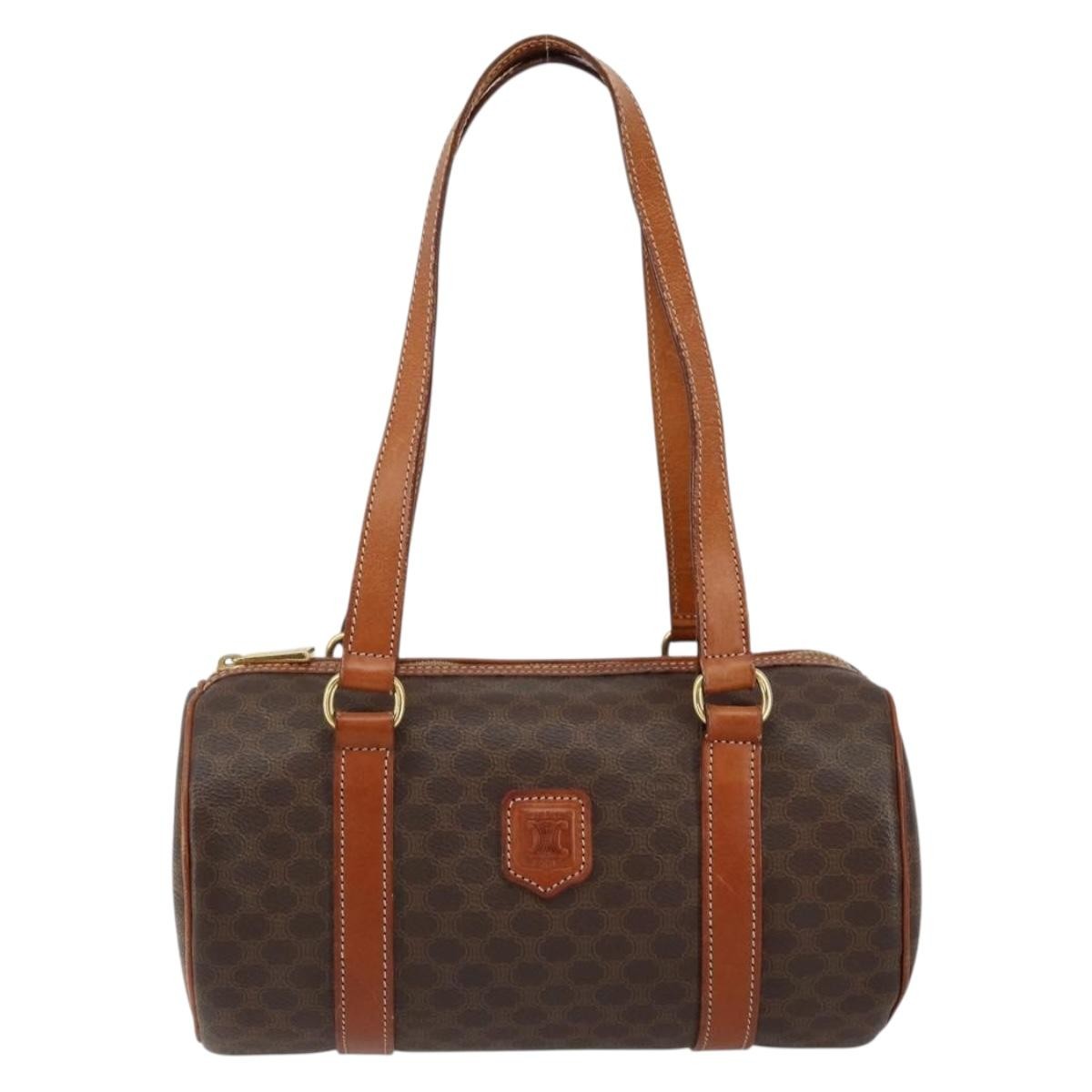 Celine Vintage Macadam Handbag Canvas and Leather, BROWN, PVC, Shoulder bag