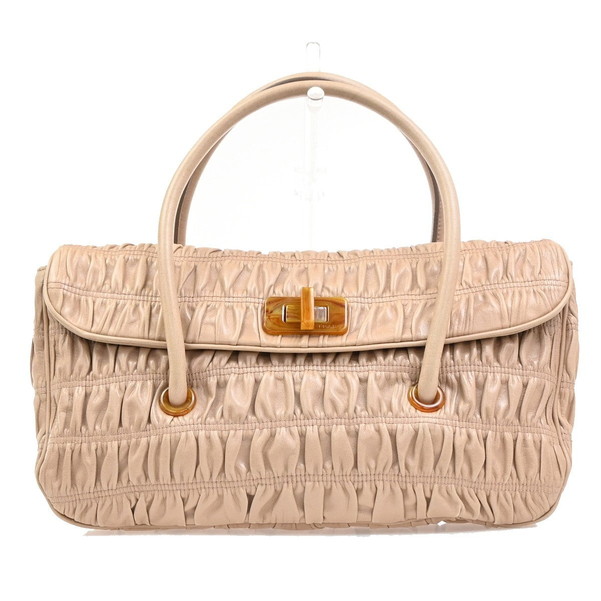 Prada Turnlock Shoulder Bag Nappa Gaufre, Beige, Leather, Shoulder Bag