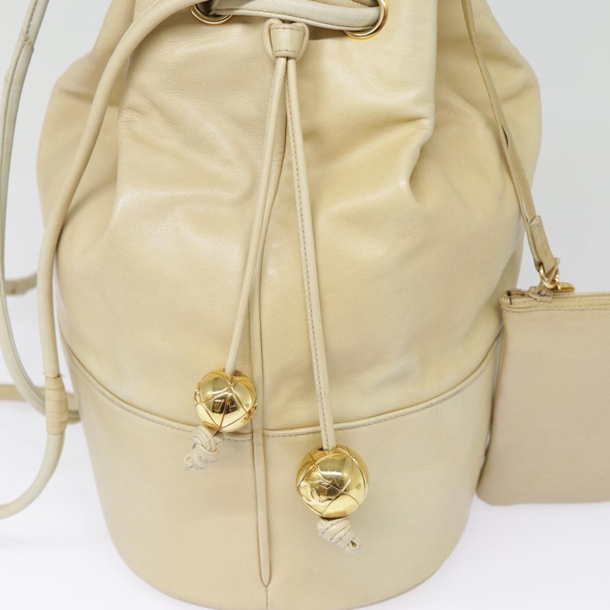 Chanel Vintage CC Drawstring Bucket Bag Lambskin, BEIGE, LEATHER, Shoulder bag