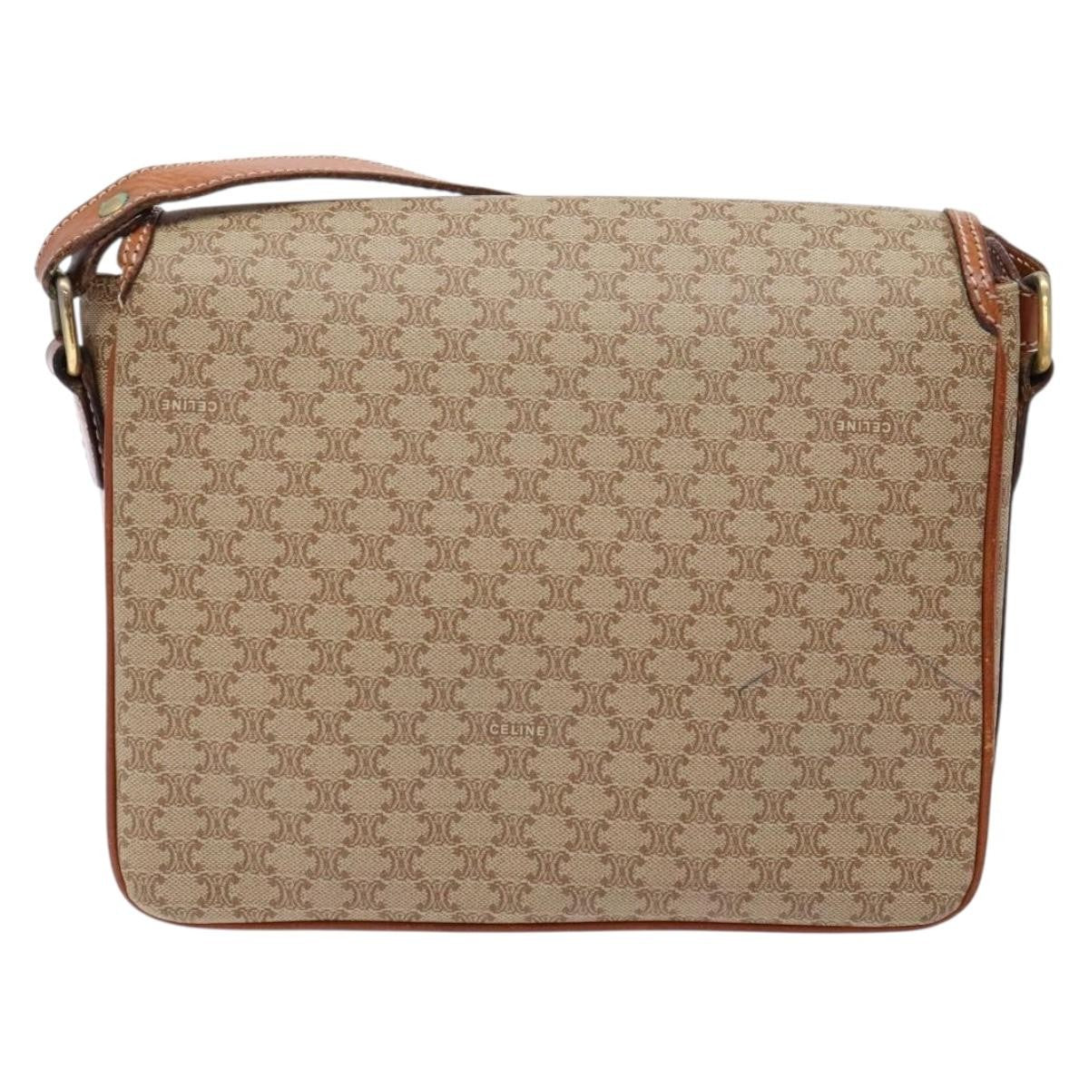 Celine Vintage Macadam Shoulder Bag Canvas and Leather, BEIGE, CANVAS, Shoulder bag