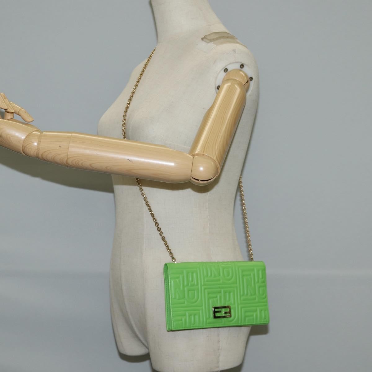 Fendi Wallet on Chain Logo Embossed Leather, GREEN, LEATHER, Wallets