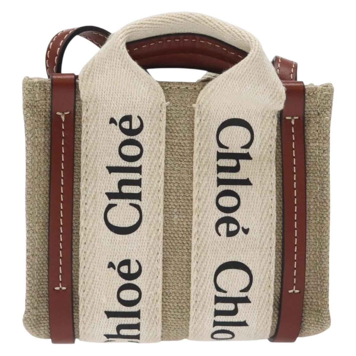 Chloe Woody Tote Canvas with Leather, BEIGE, CANVAS, Tote bag
